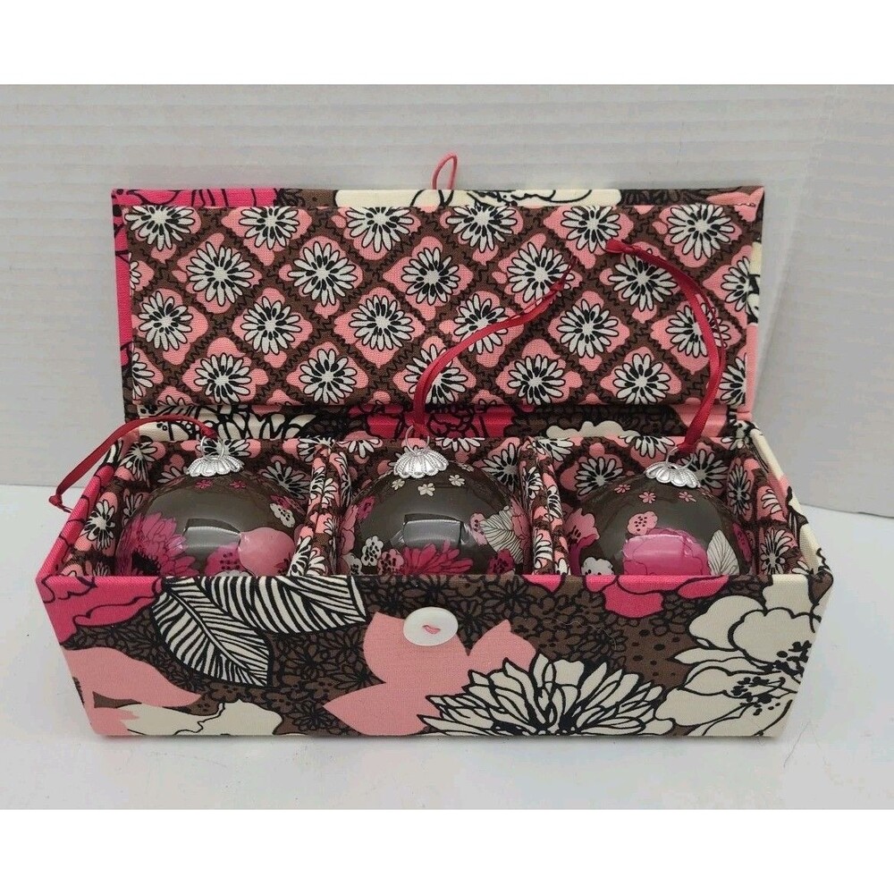 Set 3 Vera Bradley Mocha Rouge Trio Ornaments Fabric Box Glass Balls Pink Brown